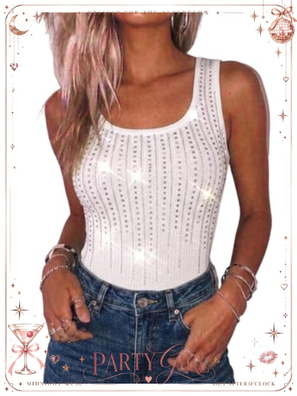 Rhinestone Square Neck Tank Top Slim Fit Sleeveless Sparkly Casual Top